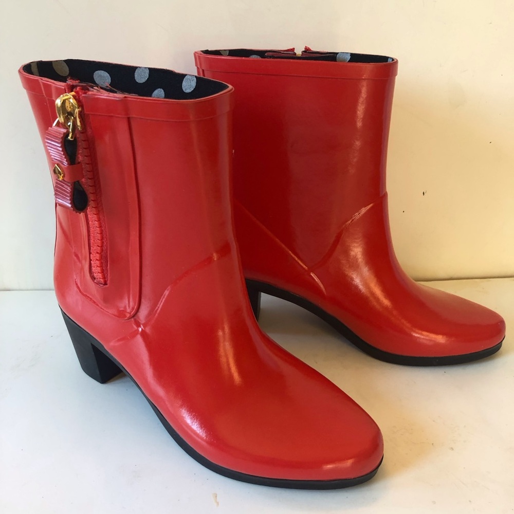 Kate Spade NY Red Calf Rain Boots Size 6, Black/White Polka Dots Interior Chique